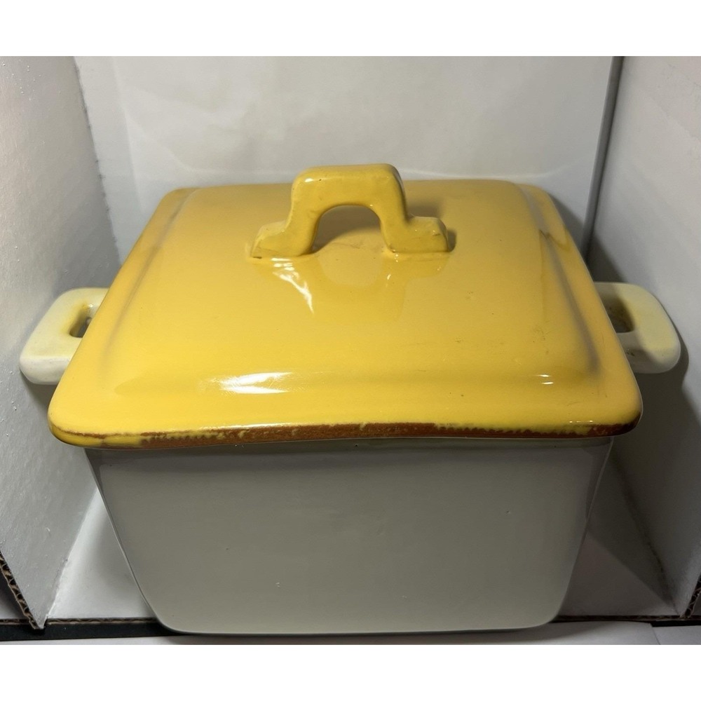 Vietri Square Covered Casserole 2 Qt Yellow Cream Terra Cotta READ